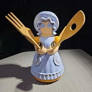 Vintage Sittre Ceramic Burlap Doll Utensil Holder & Wooden‎ Spoon 1979 Decor 11"